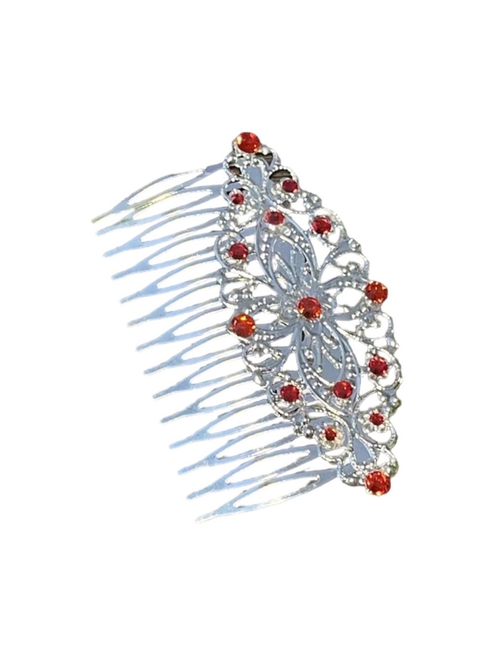 Silver Hair Comb with Red Crystal Accents3.0” FINAL PRICE DROP